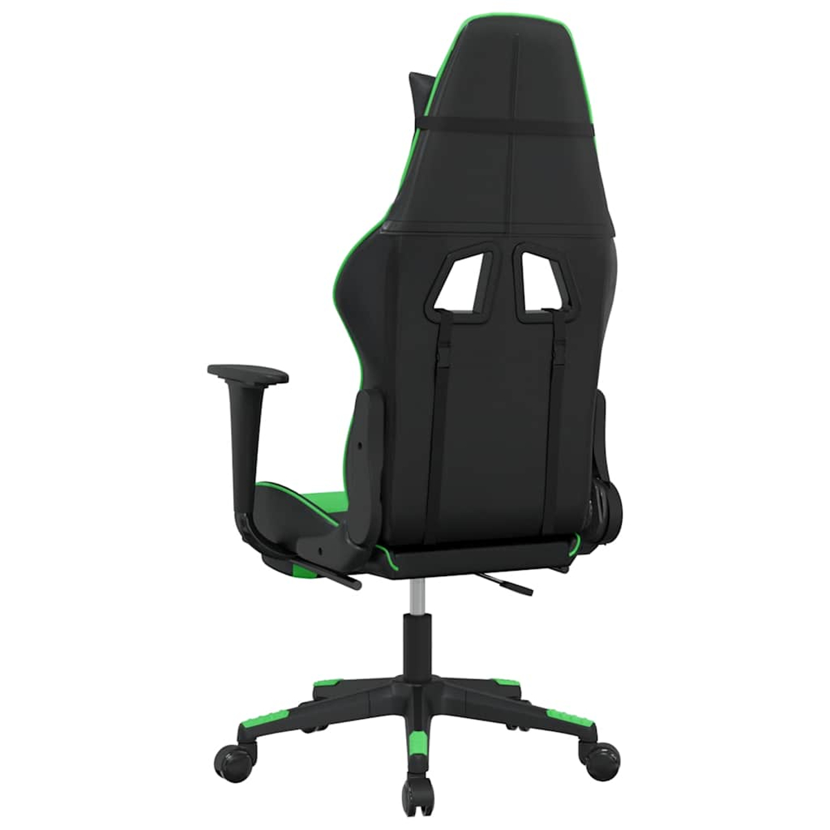 Rückansicht eines schwarz-grünen Gaming-Stuhls. Er hat eine hohe Rückenlehne, Armlehnen und ein Fahrgestell. Der Hintergrund ist weiß.