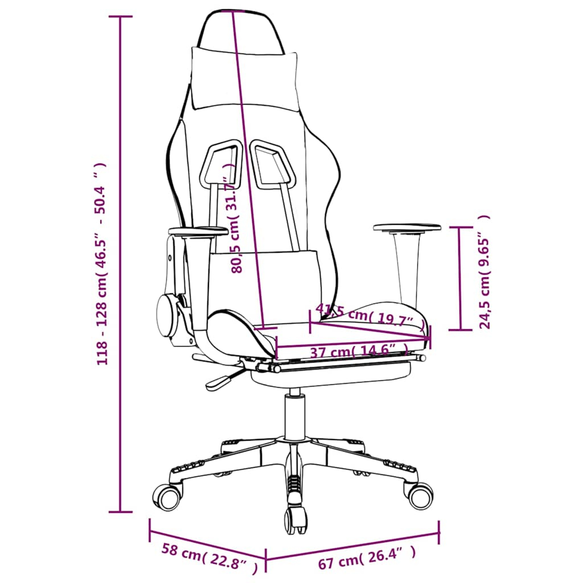 Gaming-Stuhl mit Abmessungen: 118-128 cm Höhe, 67 cm Breite und 58 cm Tiefe. Er hat Armlehnen, eine Rückenlehne und einen Sitz mit Maßen.