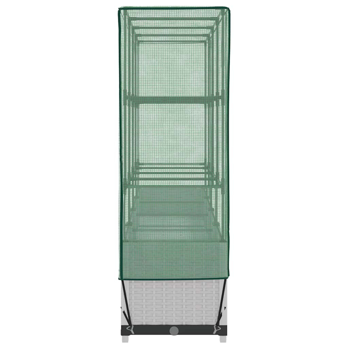 Una piccola serra verde con base in vimini bianca. Il telaio è in metallo ricoperto da rete verde. Ha mensole all'interno.