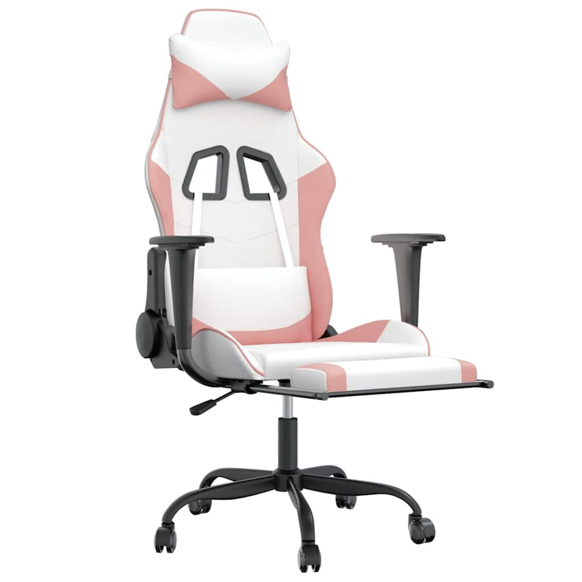 Ein Gaming-Stuhl mit weißen, rosa und schwarzen Elementen. Er hat eine Kopfstütze, Armlehnen und eine Fußstütze. Die Basis hat Räder.
