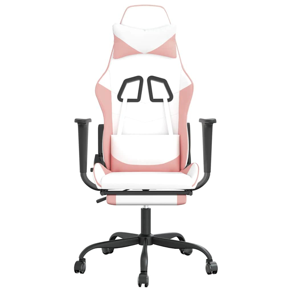 Ein rosa-weißer Gaming-Stuhl mit schwarzen Armlehnen und Gestell vor weißem Hintergrund, für Komfort konzipiert.
