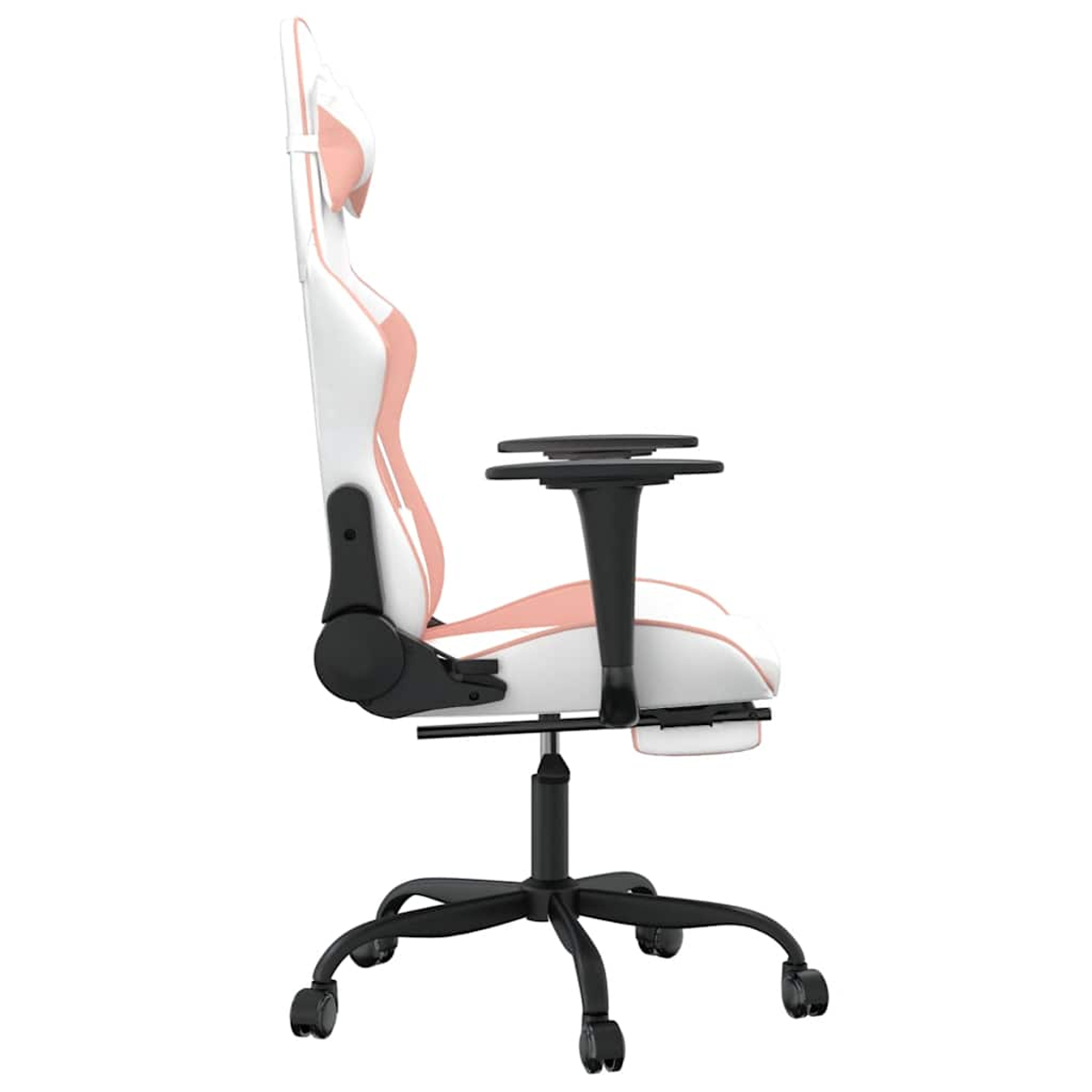 Ein weißer und rosa Gaming-Stuhl. Er hat eine hohe Rückenlehne, Armlehnen und ein Fünf-Rollen-Gestell.