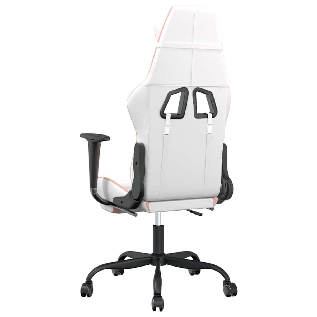 Weiß-rosa Gaming-Stuhl, schwarze Armlehnen und Basis, auf weißem Hintergrund. Rückseite des Stuhls sichtbar.