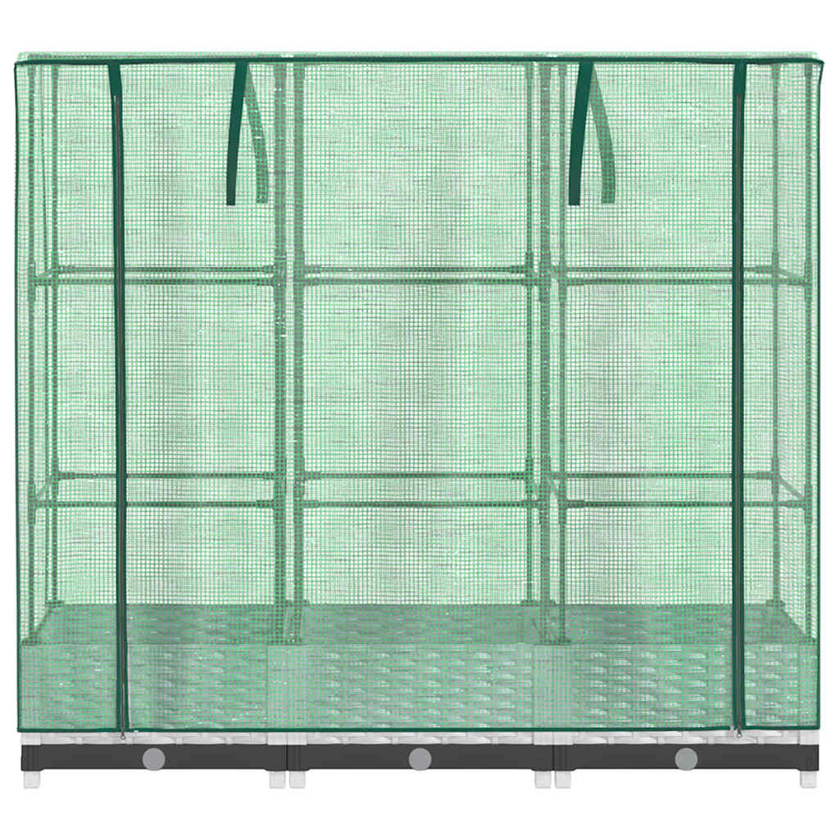 Una serra portatile verde con copertura a rete. Ha una struttura in metallo ed è divisa in tre sezioni.