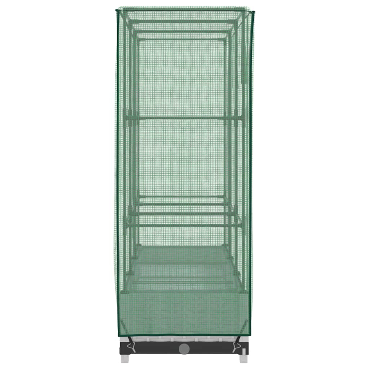 Una serra verde su sfondo bianco. Ha una struttura rettangolare con ripiani e una copertura a rete. La base è nera con gambe argentate.