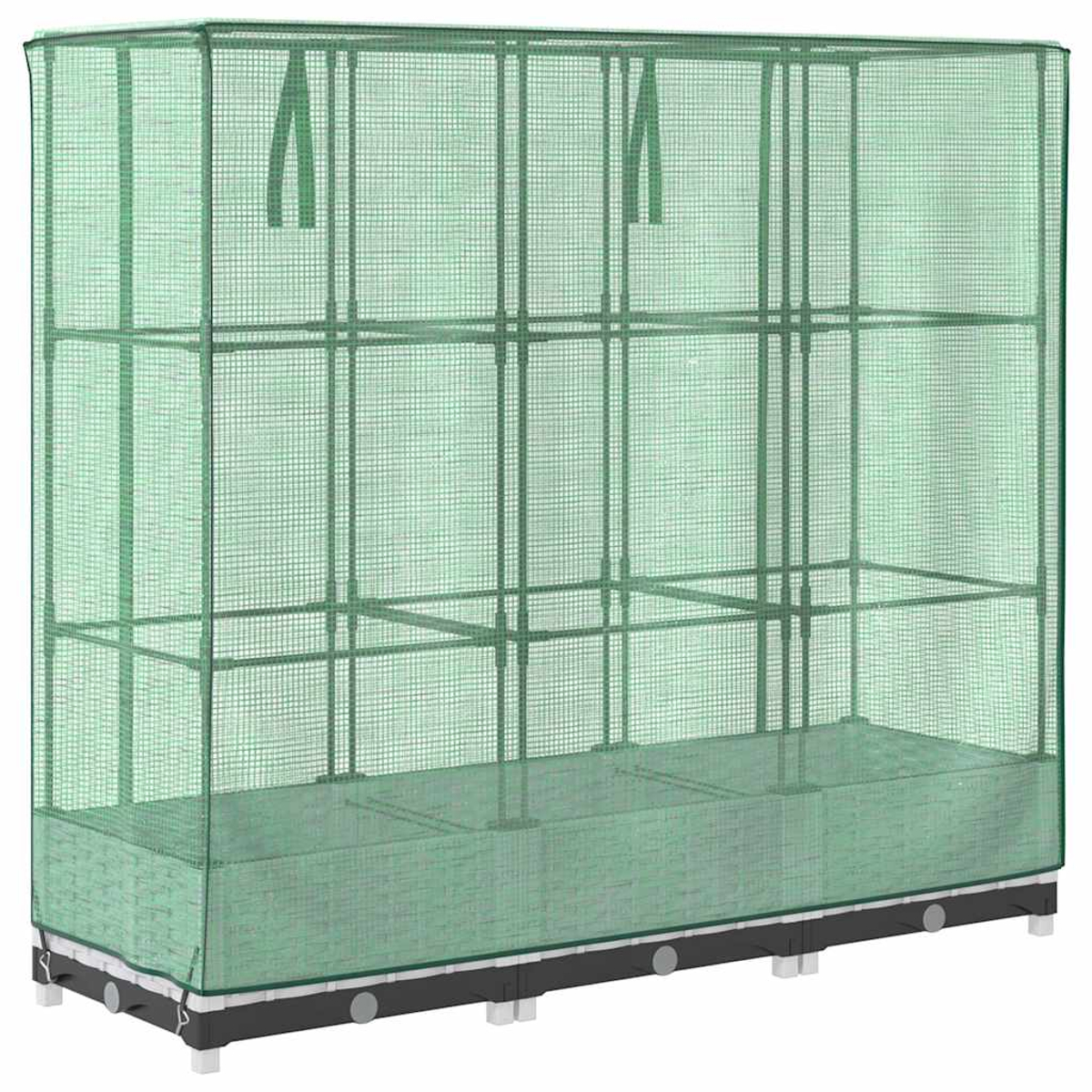 Una serra per piante verde ricoperta di rete. Ha più ripiani e una base scura. La struttura è rettangolare con telaio bianco.