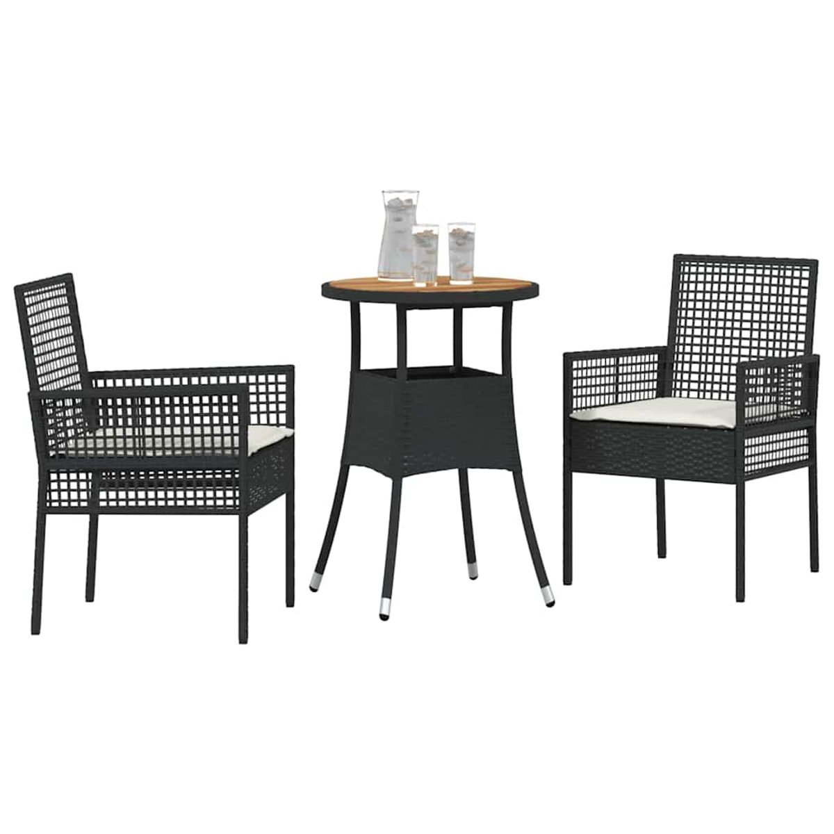 Un juego de patio con dos sillas y una mesa pequeña. Las sillas tienen cojines y un diseño de rejilla. La mesa tiene una tapa de madera.