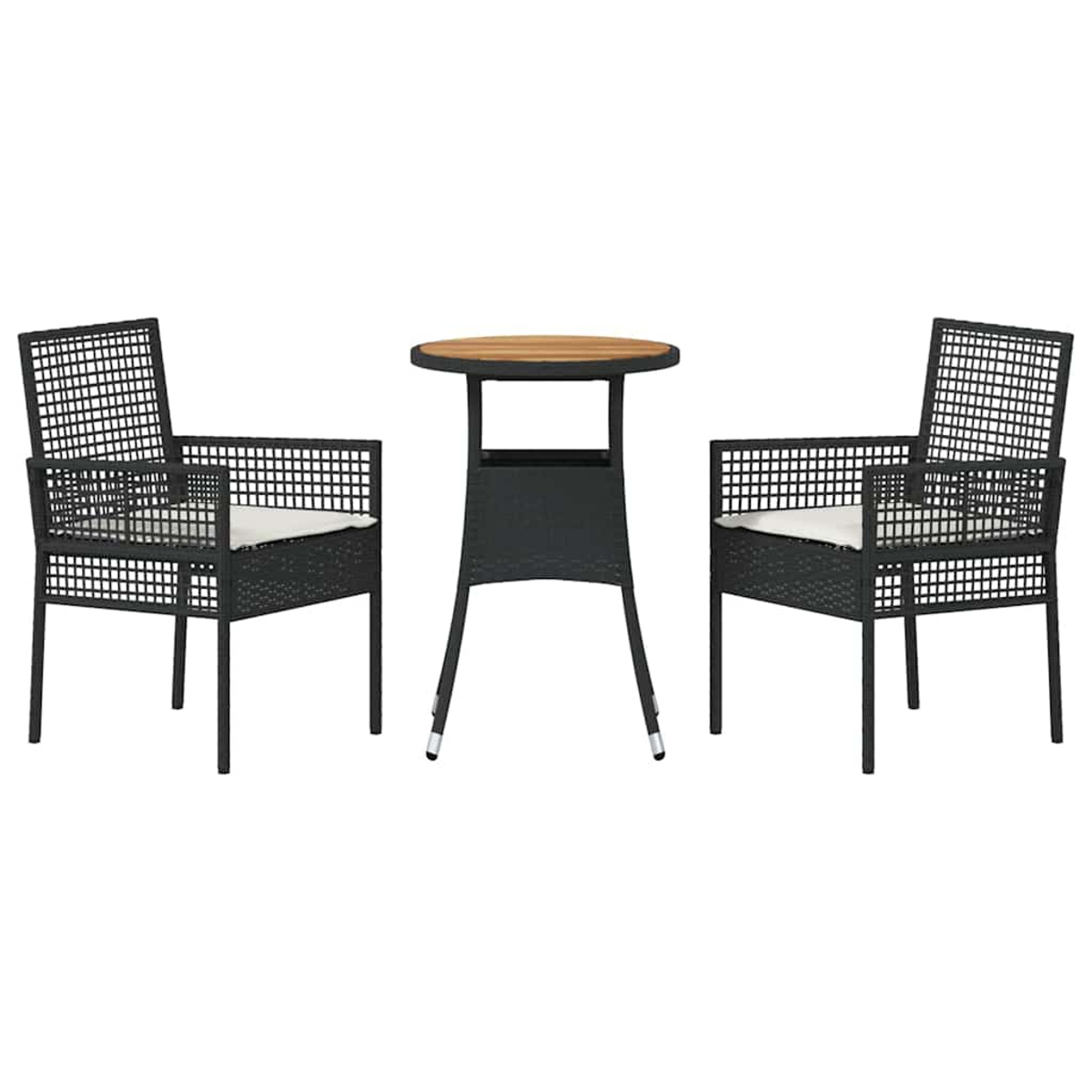 Juego de muebles de exterior de tres piezas. Incluye dos sillas negras con cojines blancos y una mesa redonda pequeña con tapa de madera.