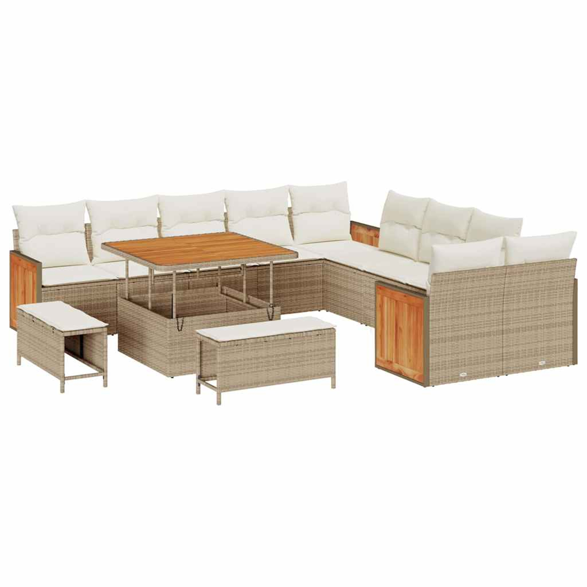 Un set di divani componibili in rattan con tavolo in legno e panche contenitore, tutti con cuscini bianchi. Il set è su sfondo bianco.