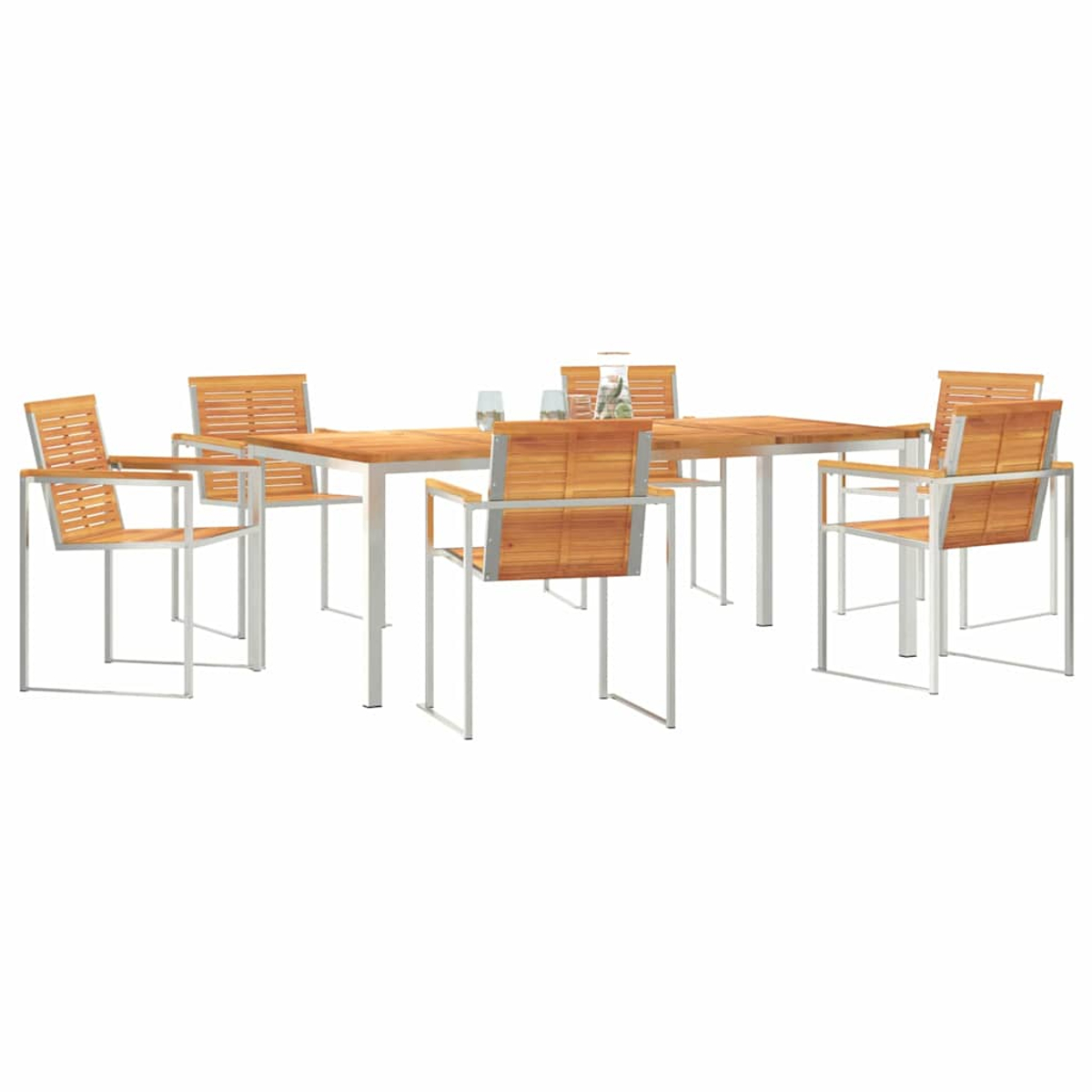 Una mesa de madera con seis sillas. Las sillas tienen respaldos de madera y marcos plateados. Dos vasos en la mesa.