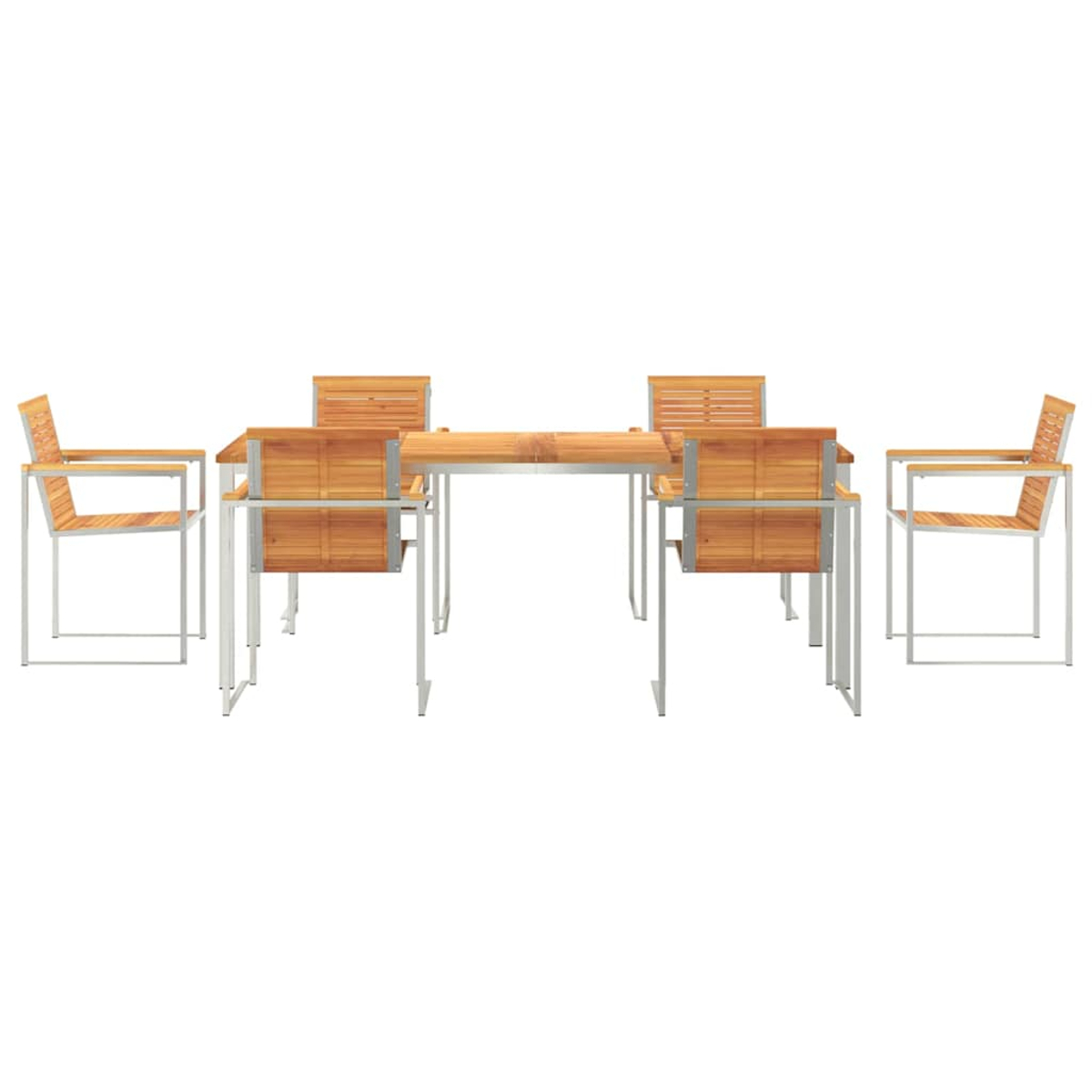 Una mesa de madera con cuatro sillas, todas con marcos de metal. Las sillas están alrededor de la mesa, y el fondo es blanco.