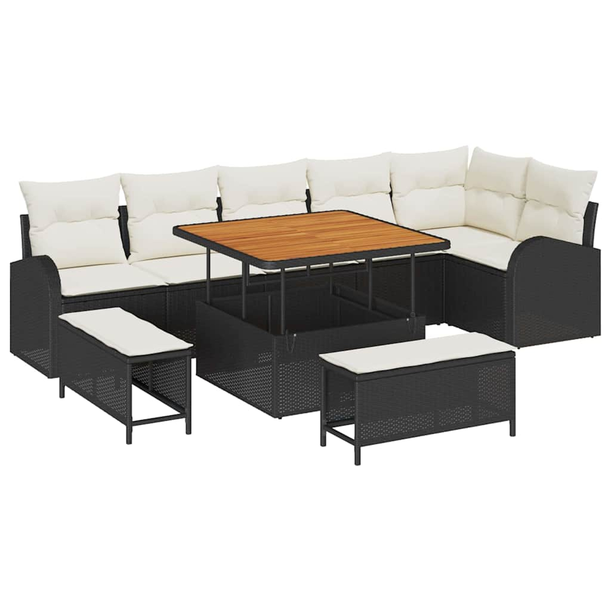 Set di mobili da esterno. Struttura in vimini nera con cuscini bianchi e piano in legno. Include un divano, un tavolo e due panche.