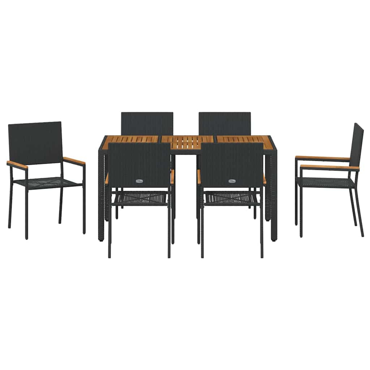 Juego de comedor al aire libre con mesa rectangular y seis sillas. Mesa y sillas tienen marcos negros y asientos tejidos.