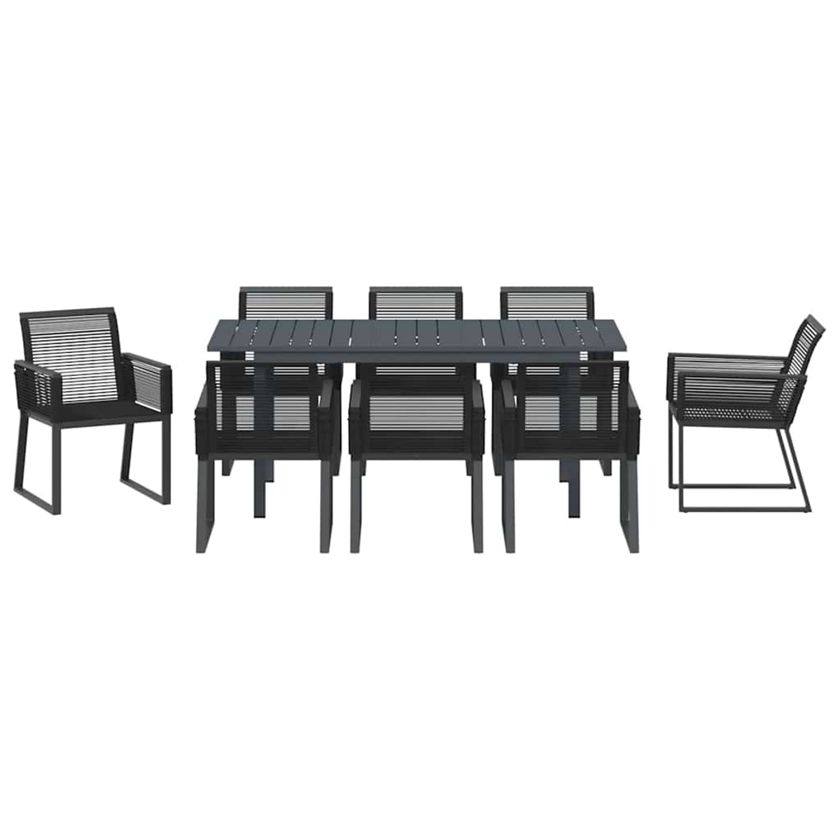 Ein dunkelgraues Ess-Set für den Außenbereich mit einem rechteckigen Tisch und sechs Stühlen. Die Stühle und der Tisch stehen auf weißem Hintergrund.
