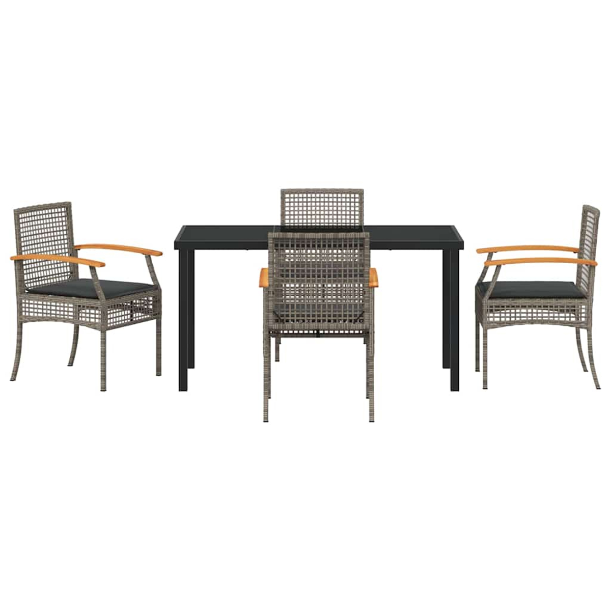 Un set da patio con un tavolo rettangolare e quattro sedie. Le sedie hanno braccioli con dettagli in legno e il tavolo ha un piano scuro.