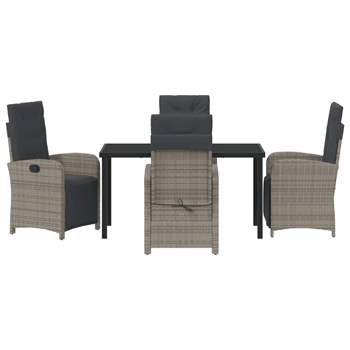 Gartenmöbel-Set: Tisch mit dunkler Platte, 4 Korbstühle, graue Kissen. Isoliert auf weißem Hintergrund.