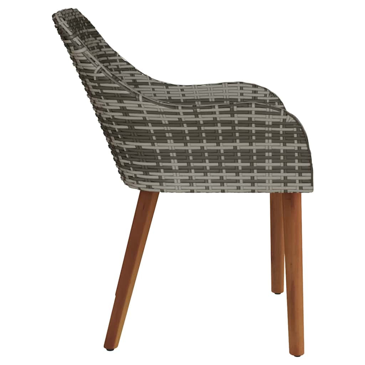 Seitenansicht eines Stuhls. Sitz und Rücken sind grau und weiß gewebt. Die Beine sind aus Holz und braun.