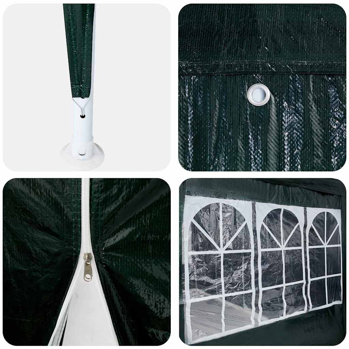 Dettaglio di una tenda verde scuro con cerniera bianca, finestre ad arco e un palo di supporto. Include primi piani del tessuto.