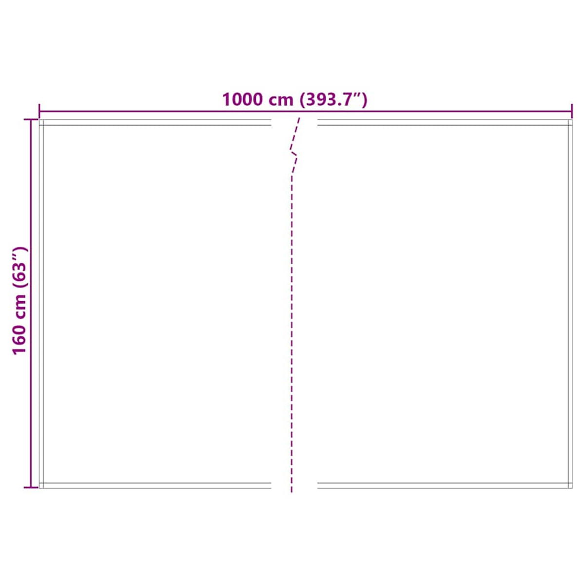 Diagramm mit einem Rechteck mit den Abmessungen 1000 cm (393,7") Breite und 160 cm (63") Höhe. Eine gestrichelte Linie teilt das Rechteck.
