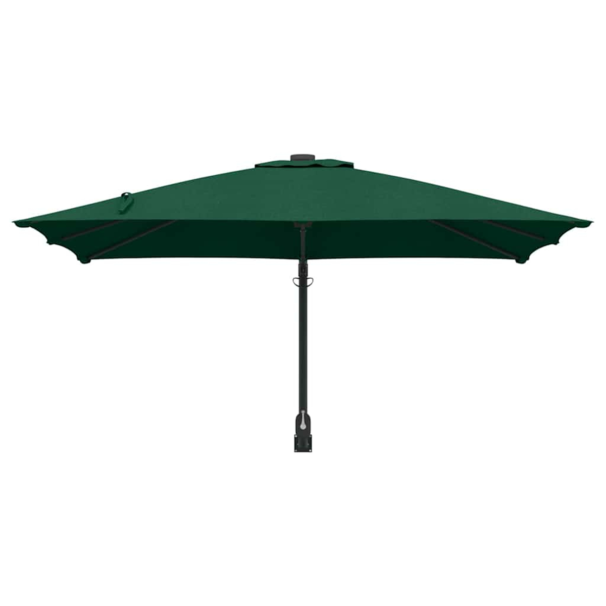 Un ombrellone verde rettangolare su sfondo bianco. Il palo è nero, con manovella e base.