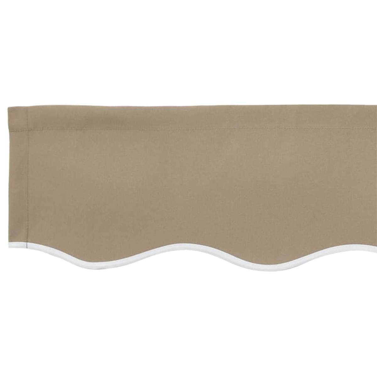 Beige Stoff-Volant mit weißem Wellenrand am unteren Rand. Schlichtes Design vor weißem Hintergrund. Einfach und neutral.