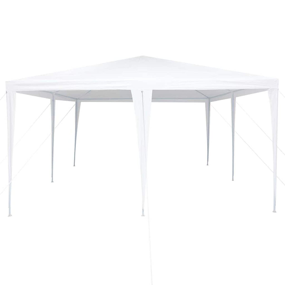 Una tenda da esterno bianca. Ha un tetto a punta ed è sostenuta da diversi pali. Lo sfondo è bianco.