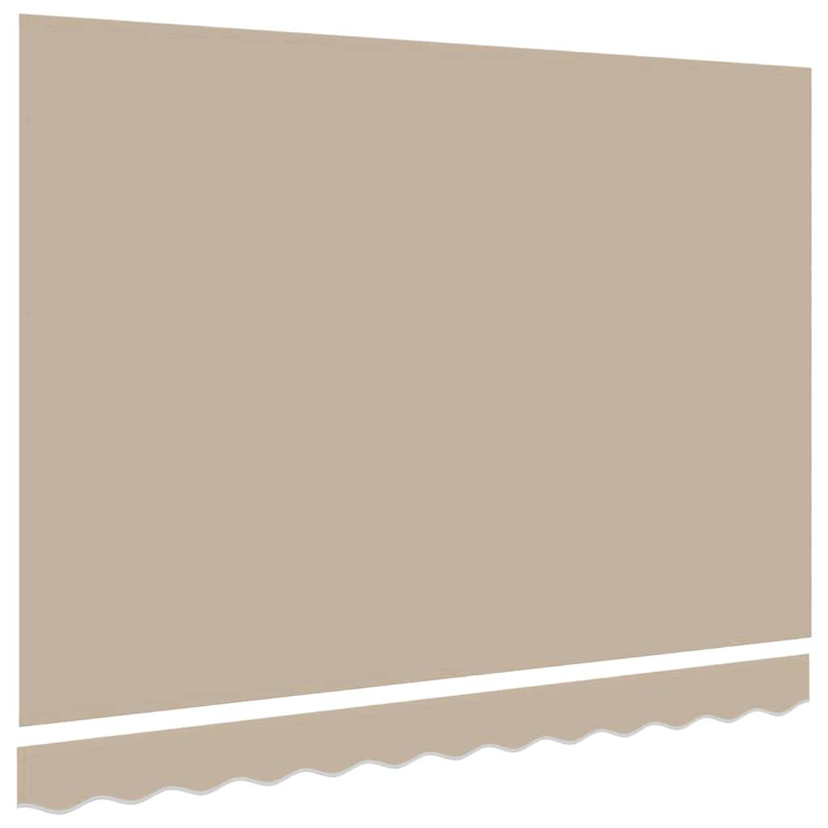 Eine beige Markise mit weißer Zierleiste und gewelltem Rand. Der Hintergrund ist eine schlichte beige Wand.