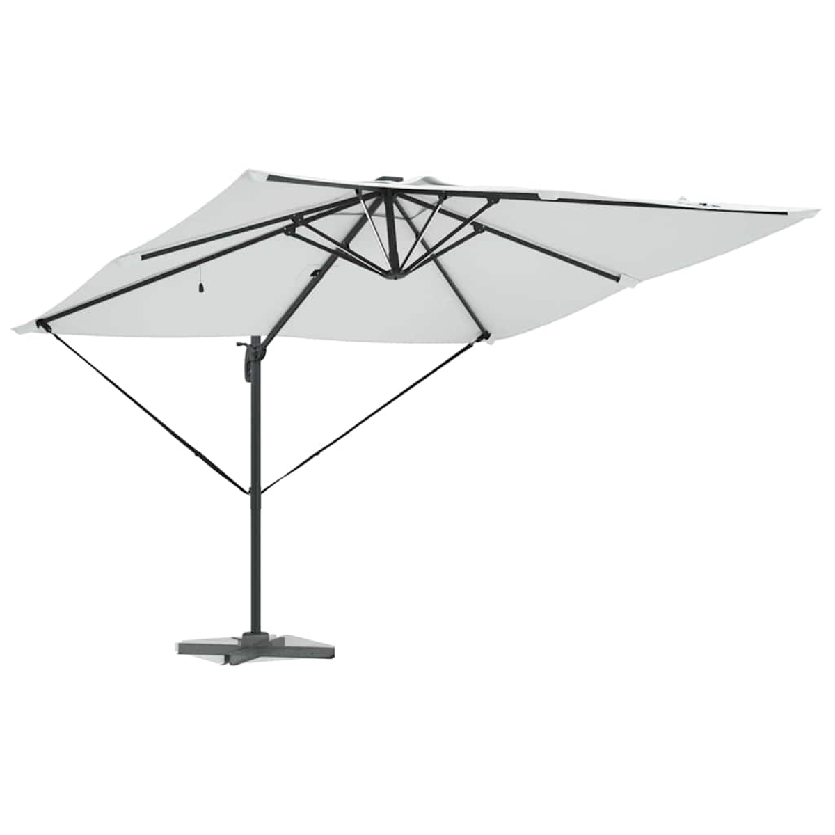 Ein weißer, quadratischer Sonnenschirm. Er hat ein schwarzes Gestell und einen dunkelgrauen Sockel. Der Schirm ist zur Seite geneigt.