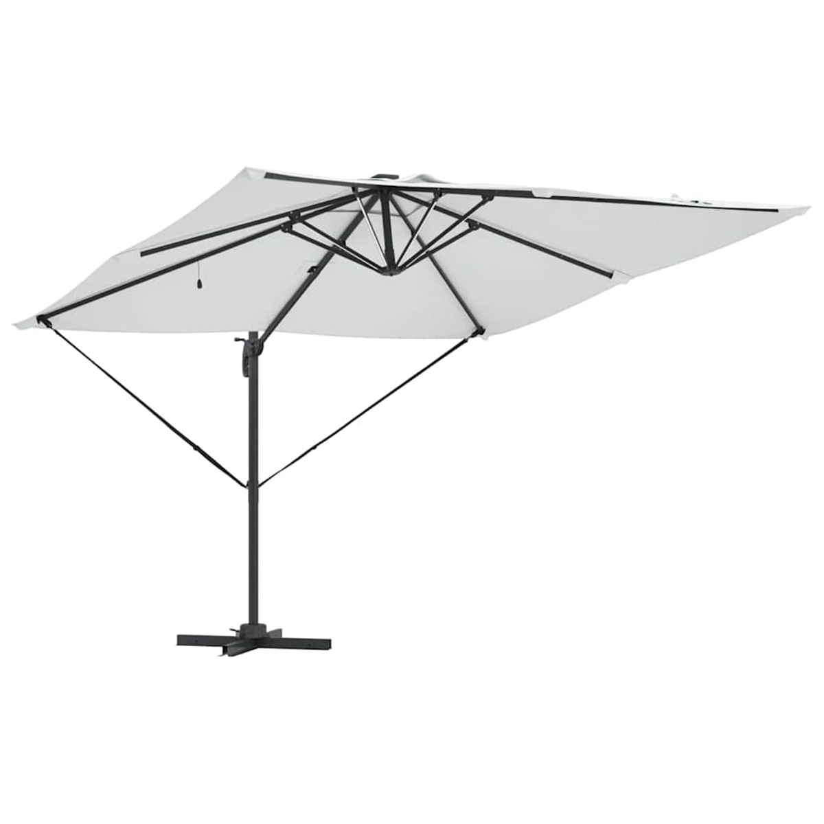 Ein weißer quadratischer Sonnenschirm mit schwarzem Rahmen. Der Schirm ist geöffnet und zeigt den Stoff und die Tragstruktur. Isoliert auf Weiß.