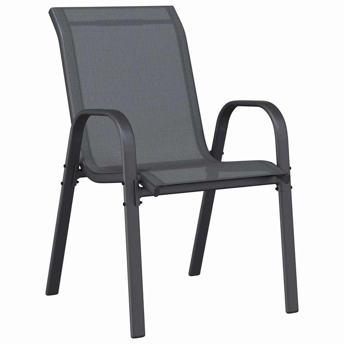 Una sedia da esterno in metallo grigio. Ha schienale e seduta in rete, braccioli e quattro gambe. Lo sfondo è bianco.