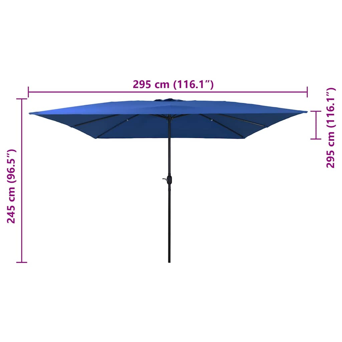 Un ombrellone rettangolare blu con dimensioni etichettate. Ha un palo nero e si trova su sfondo bianco.