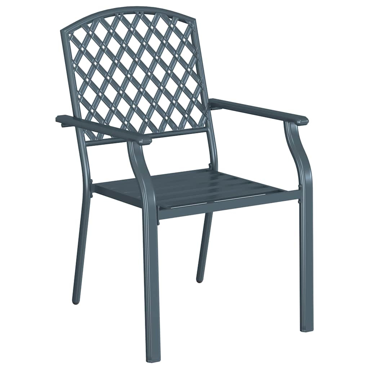 Una silla de metal gris con respaldo enrejado y reposabrazos, aislada sobre fondo blanco.