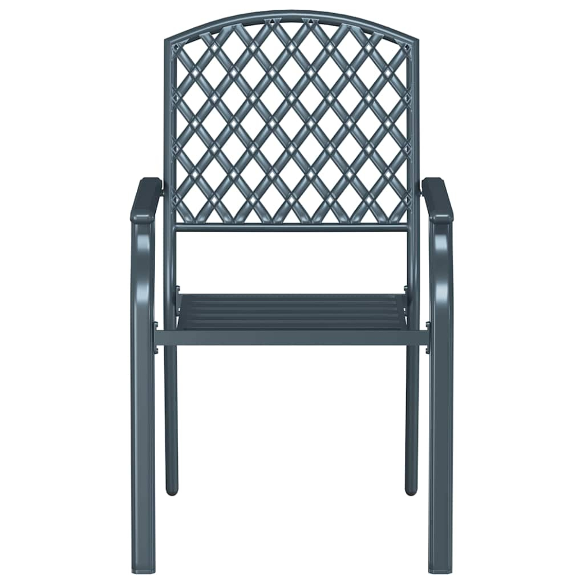 Una silla de exterior de metal gris con respaldo de celosía centrada sobre un fondo blanco.