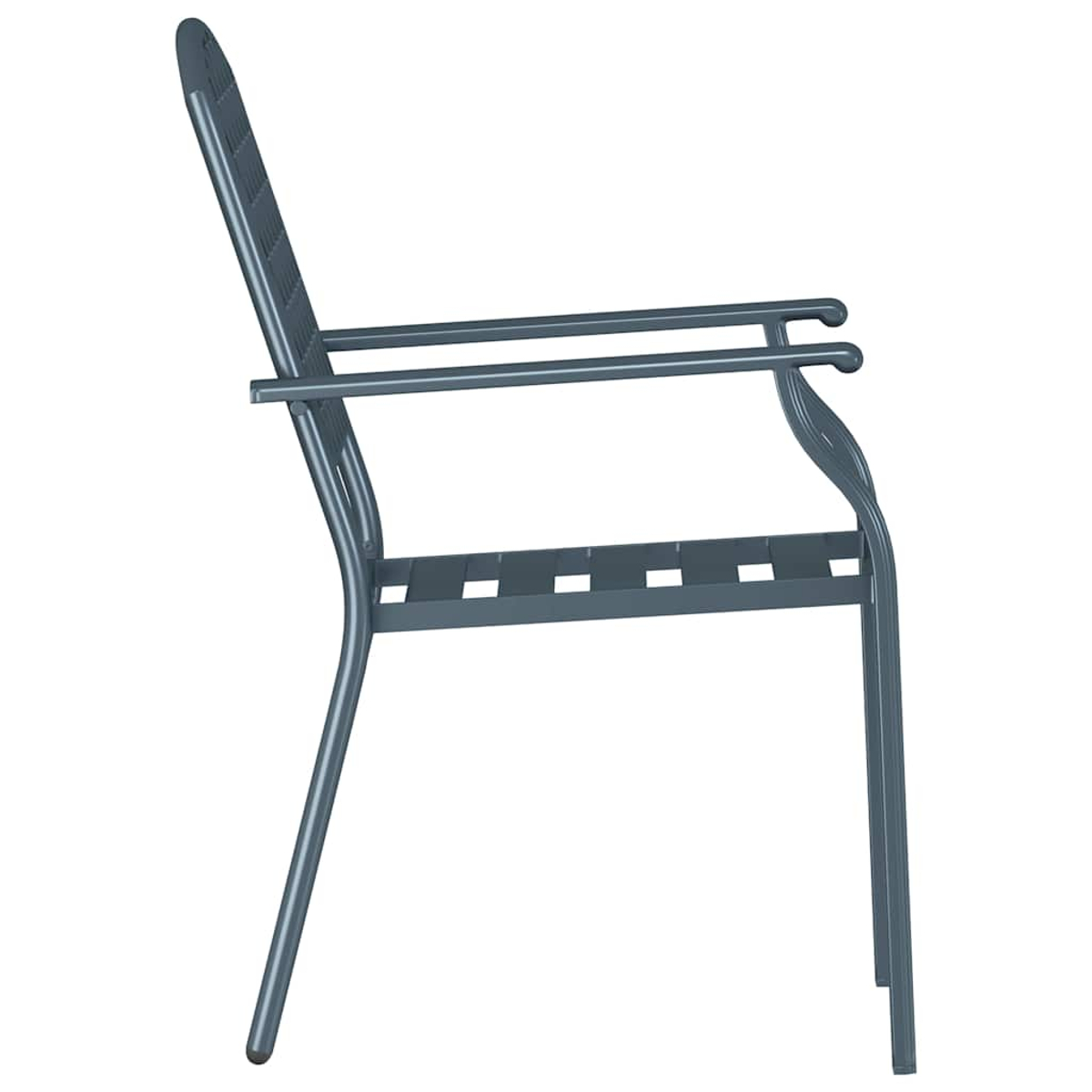 Vista lateral de una silla metálica gris con respaldo de listones, apoyabrazos y asiento. La silla está sobre fondo blanco.