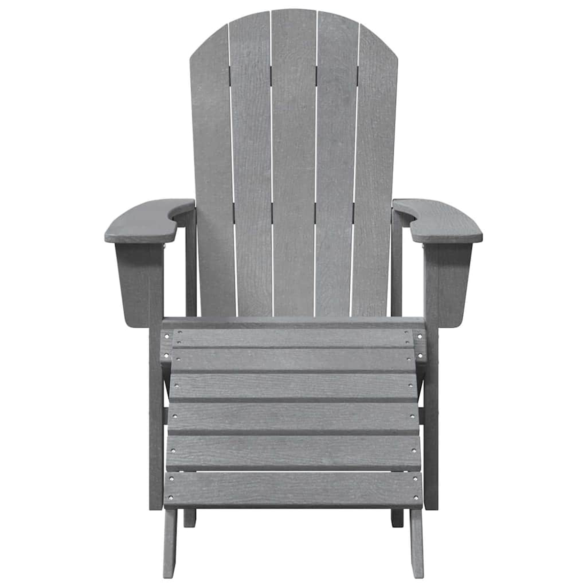 Ein grauer Adirondack-Stuhl mit Lattenrücken und -sitz sowie gebogenen Armlehnen, isoliert auf weißem Hintergrund.