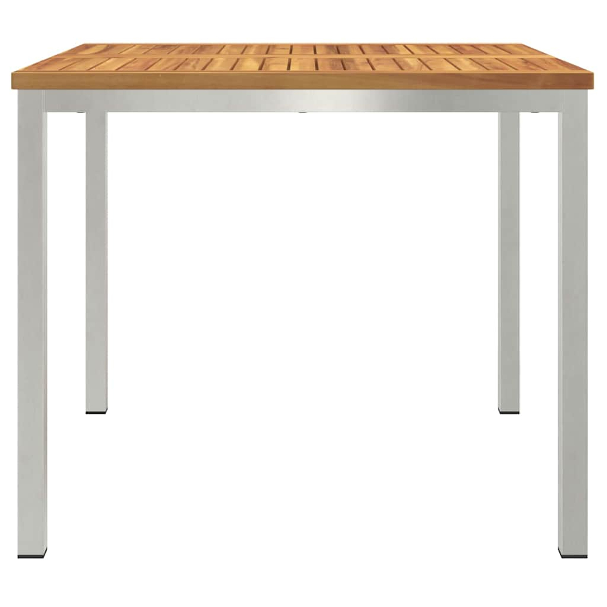 Ein quadratischer Gartentisch mit Holzplatte und Metallbeinen. Die Oberseite besteht aus Holzlatten, die Beine sind silbern.