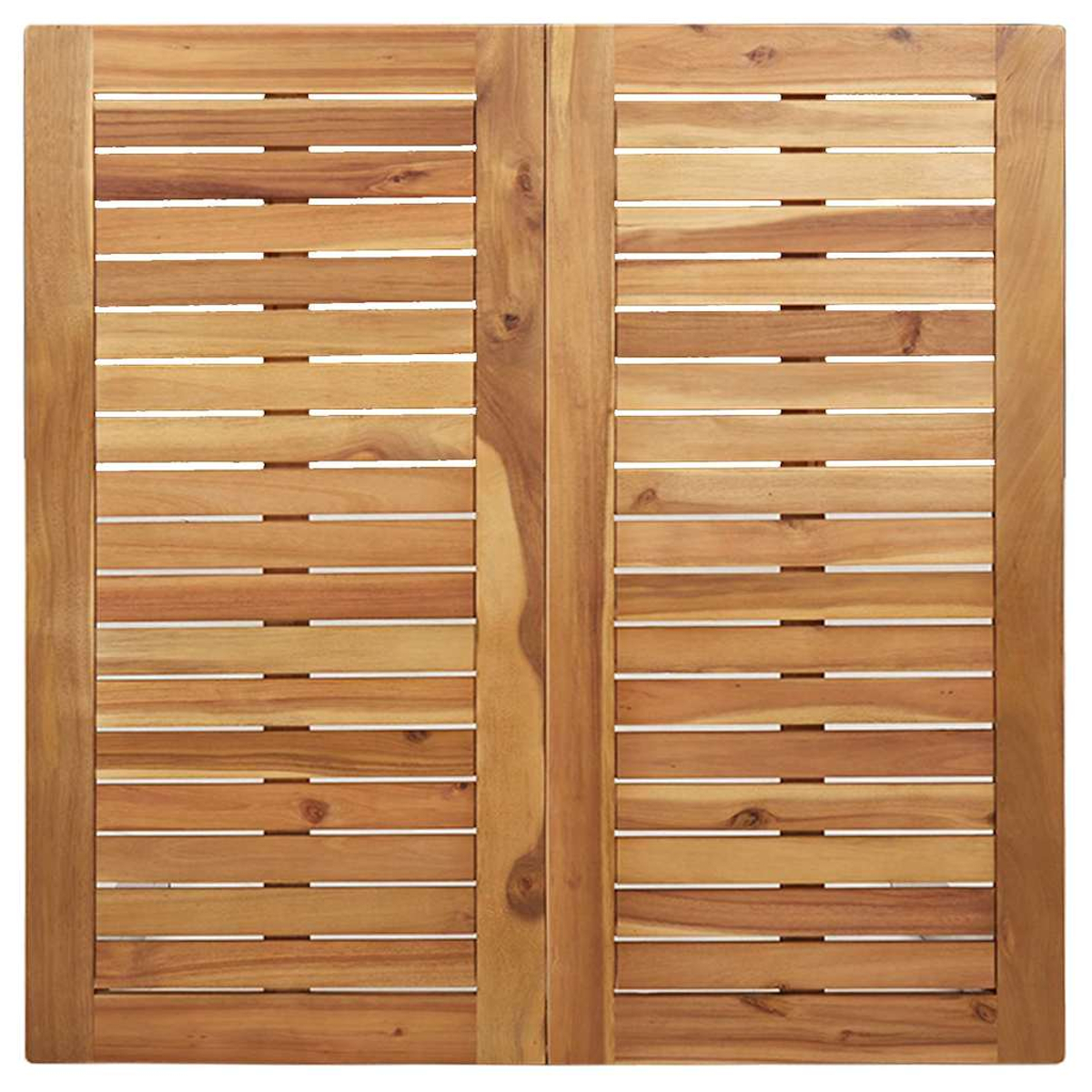 Zwei Holzpaneele mit horizontalen Lamellen. Das Holz ist hellbraun, mit sichtbarer Maserung. Die Paneele sind mit vertikalem Holz umrahmt.