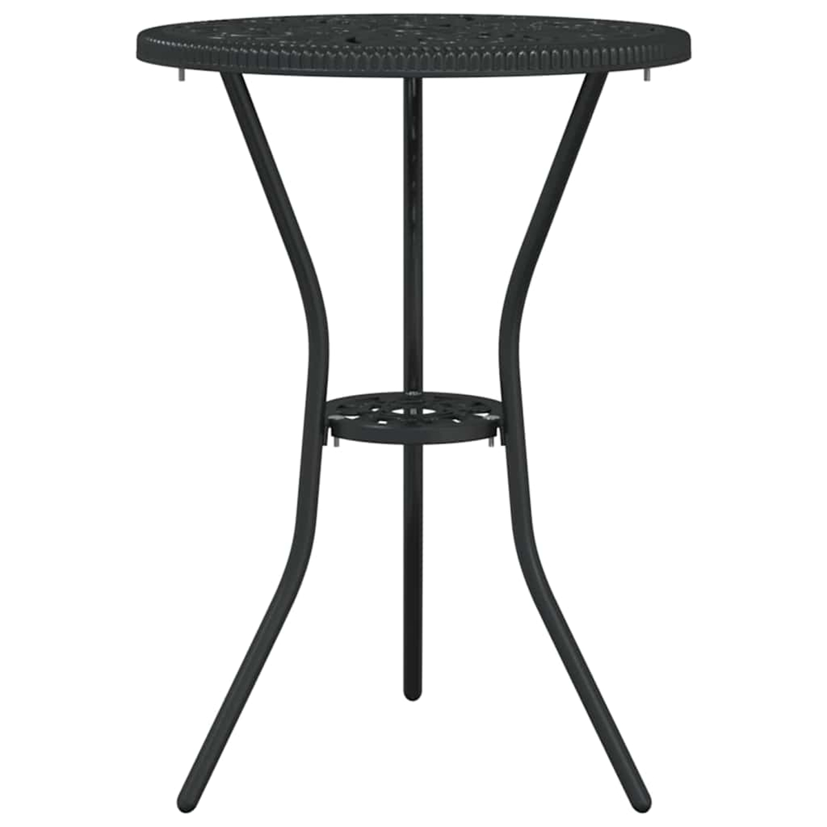 Mesa de bistro de metal negro. Tapa redonda con diseño ornamentado, sostenida por tres patas curvas y un soporte central.