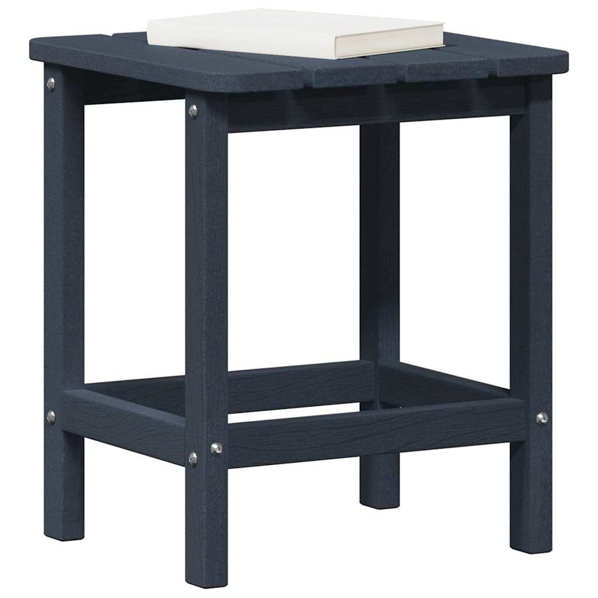 Dunkelblauer quadratischer Beistelltisch mit weißem Buch. Er hat eine Lattenoberfläche und ist aus Holz mit sichtbaren Schrauben.