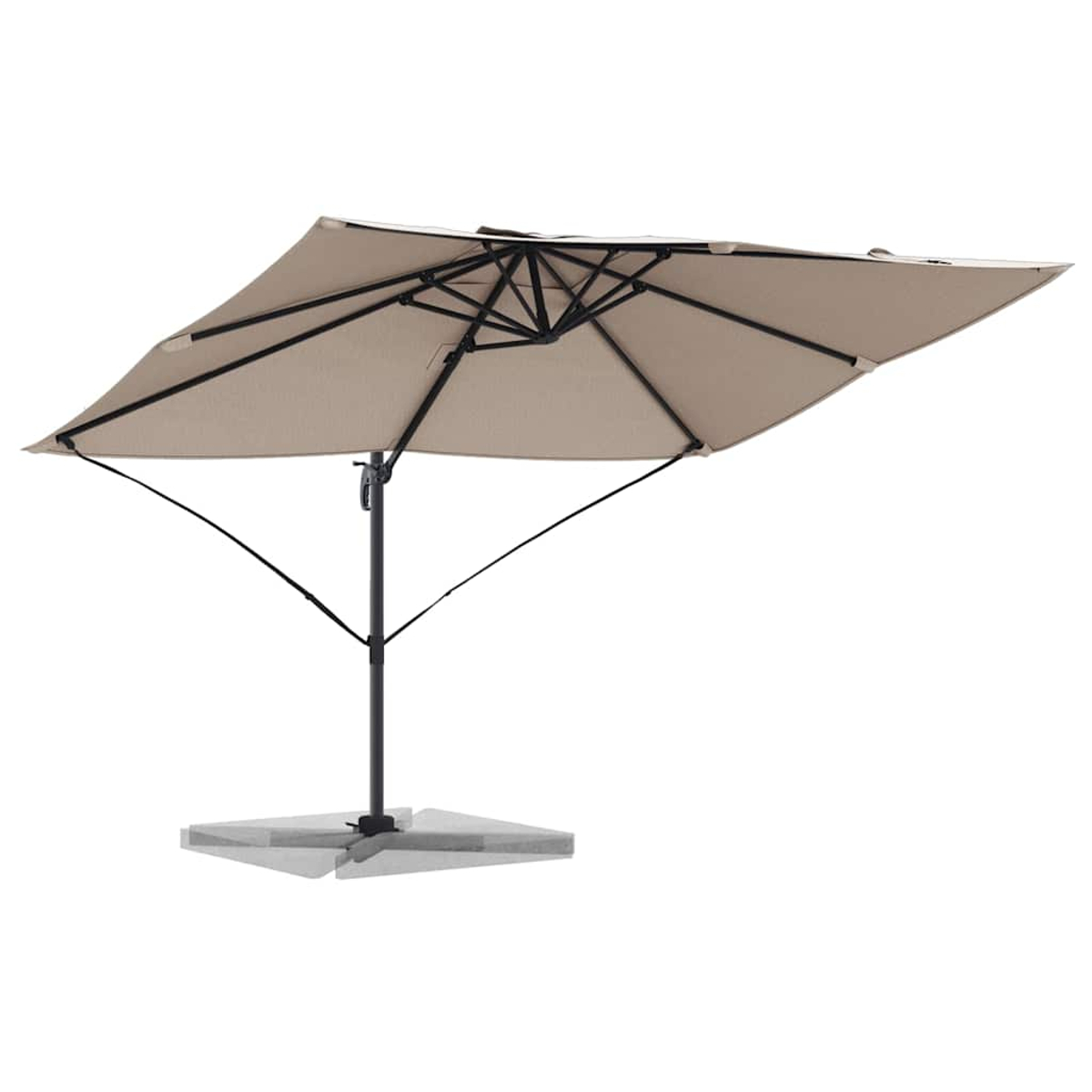 Un ombrellone da patio beige e quadrato è aperto. L'ombrellone ha una struttura nera e una base grigia. Lo sfondo è bianco.