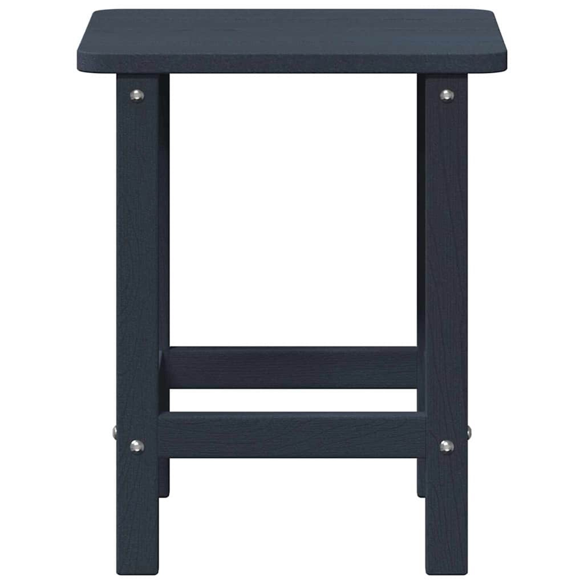 Ein marineblauer Beistelltisch mit quadratischer Oberseite. Er hat vier Beine mit horizontalen Stützstreben. Metallbefestigungen sichern die Teile des Tisches.