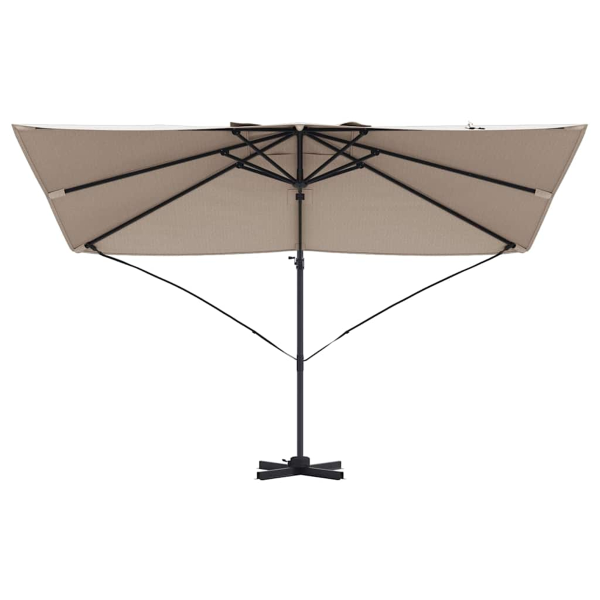 Ombrellone da patio rettangolare beige. Telaio e palo neri. L'ombrellone è aperto, visto dal basso, su sfondo bianco.