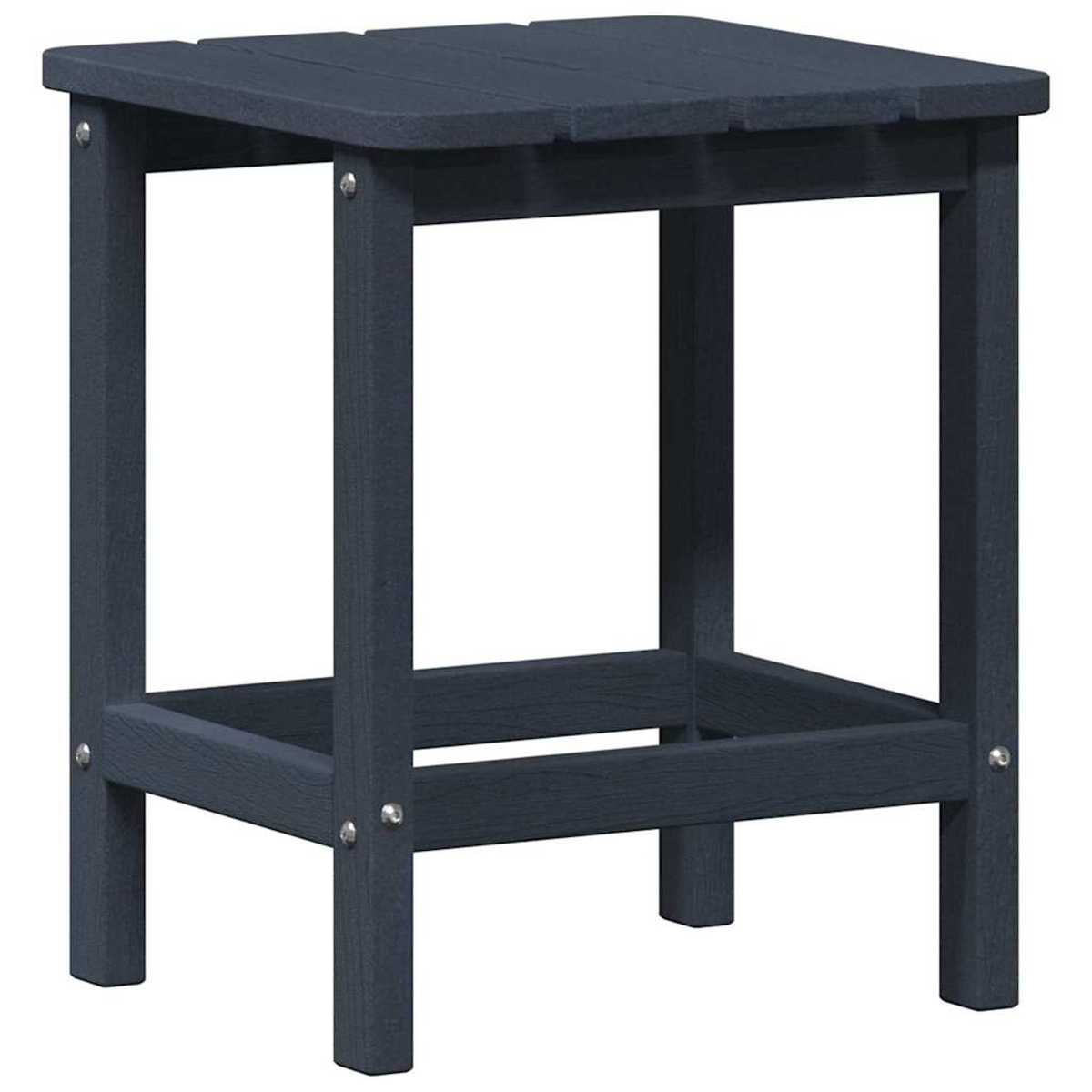 Ein marineblauer quadratischer Beistelltisch. Er hat eine Lattenoberfläche, vier Beine und ein unteres Regal. Der Tisch ist aus Holz.