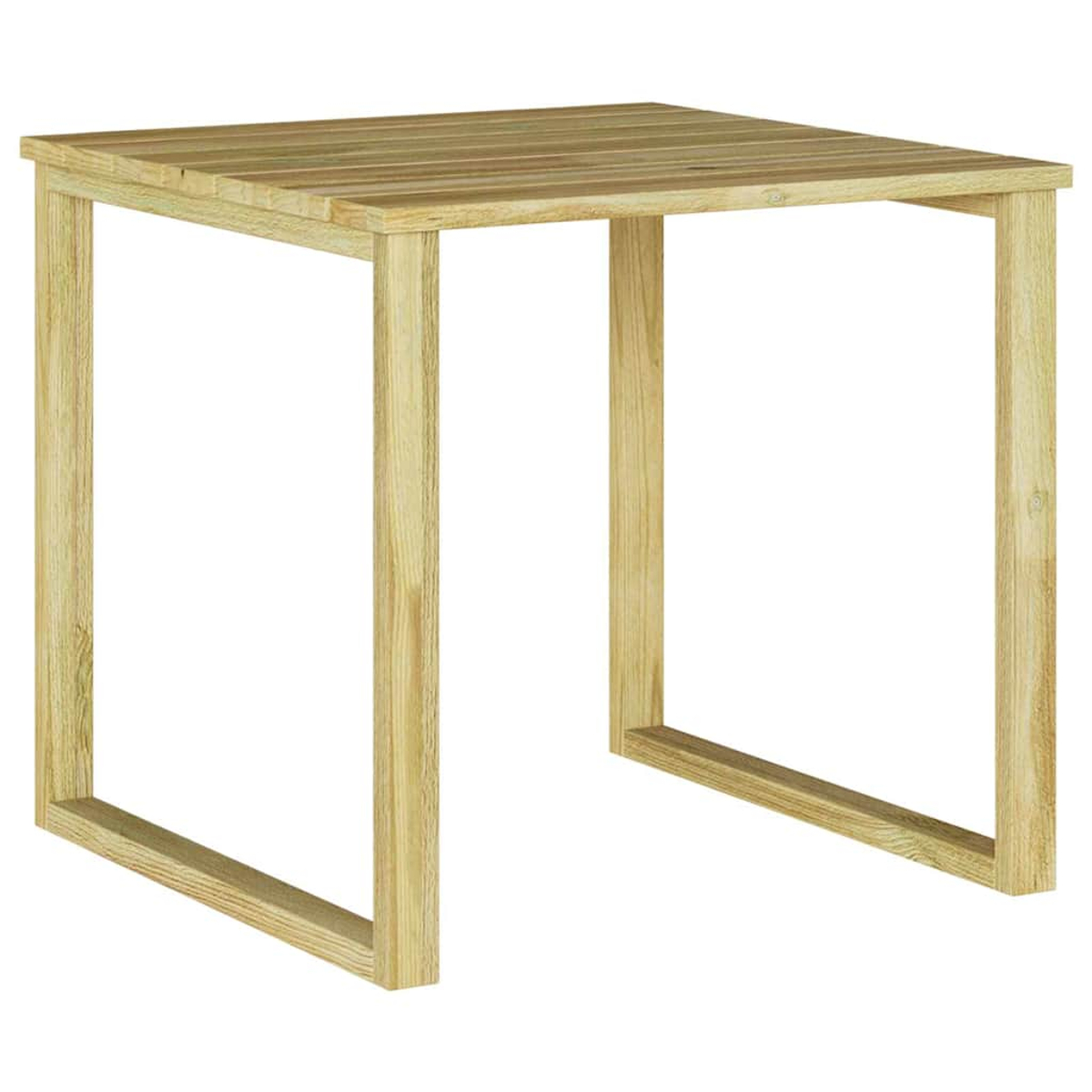 Ein quadratischer Holztisch mit vier Beinen. Der Tisch hat eine hellbraune Farbe und steht auf weißem Hintergrund.
