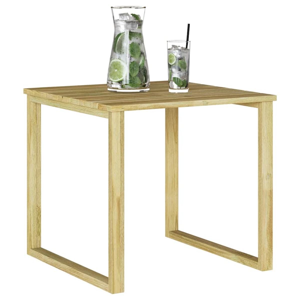 Ein Holztisch mit einem Krug und einem Glas Mojito. Der Krug und das Glas enthalten Eis, Limetten und Minze, ein schwarzer Strohhalm im Glas.