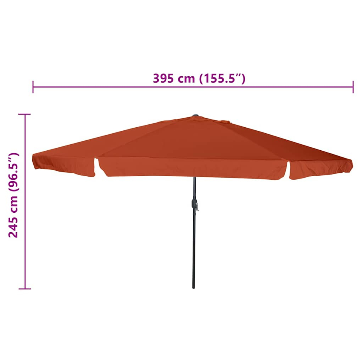 Un ombrellone arancione con palo nero. Le dimensioni sono 395 cm (155,5") di larghezza e 245 cm (96,5") di altezza.