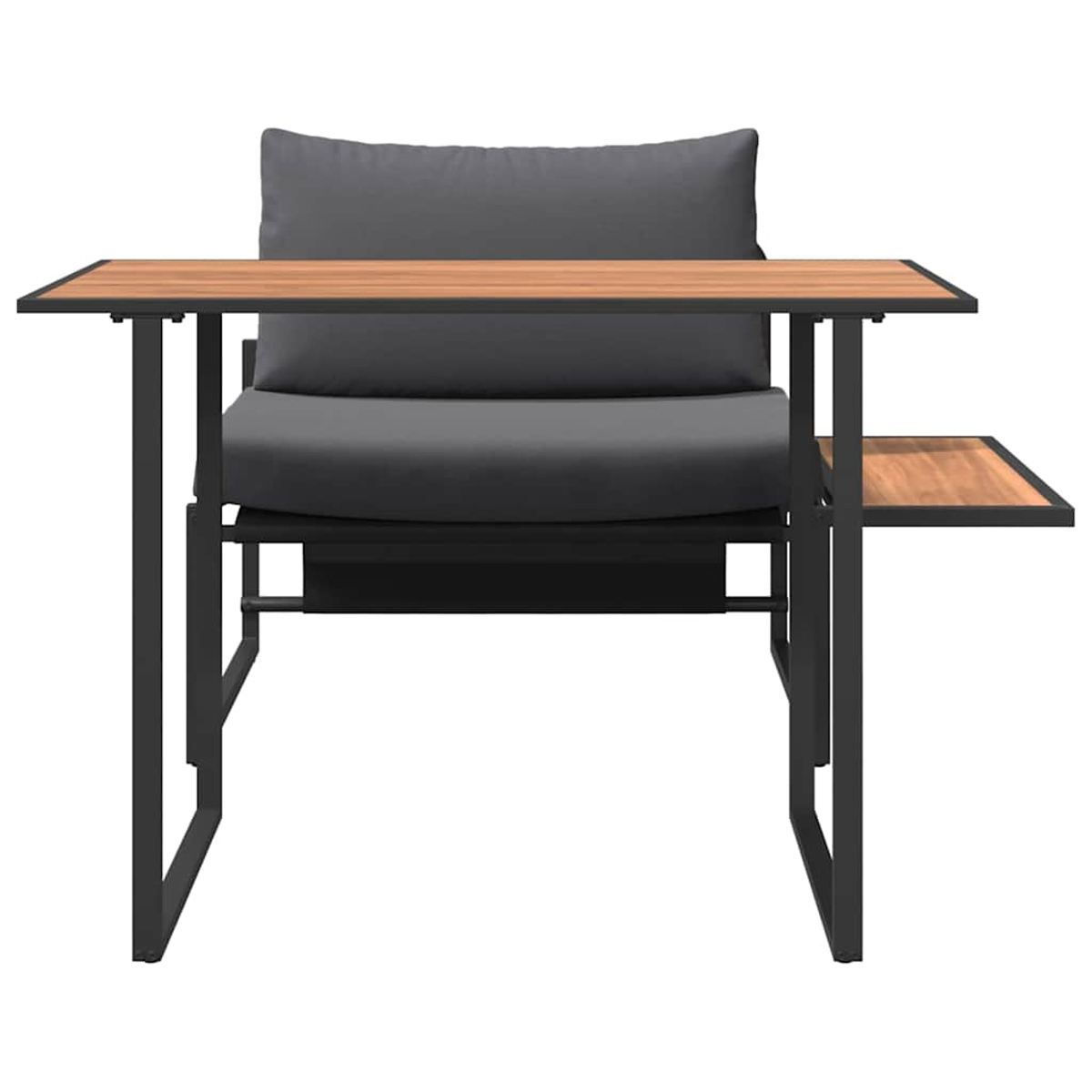 Una silla moderna con una mesa de madera adjunta. La silla es gris con un marco de metal negro. La mesa tiene una superficie de madera.
