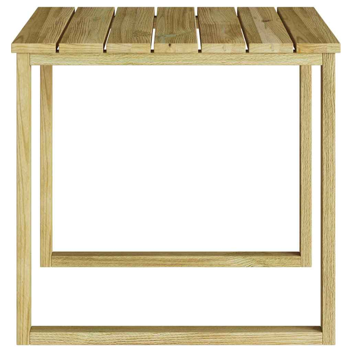 Ein Holztisch mit einer Lamellenplatte und quadratischen Beinen. Das Holz ist hellbraun, der Hintergrund ist weiß.