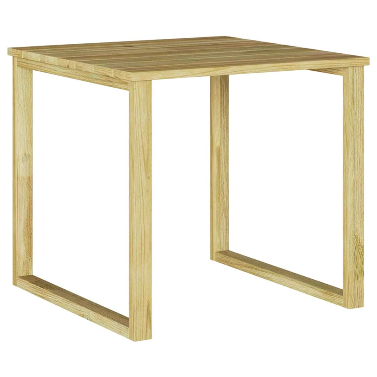 Ein quadratischer Holztisch in hellbrauner Farbe. Er hat vier Beine, und die Oberseite besteht aus parallelen Holzlatten.