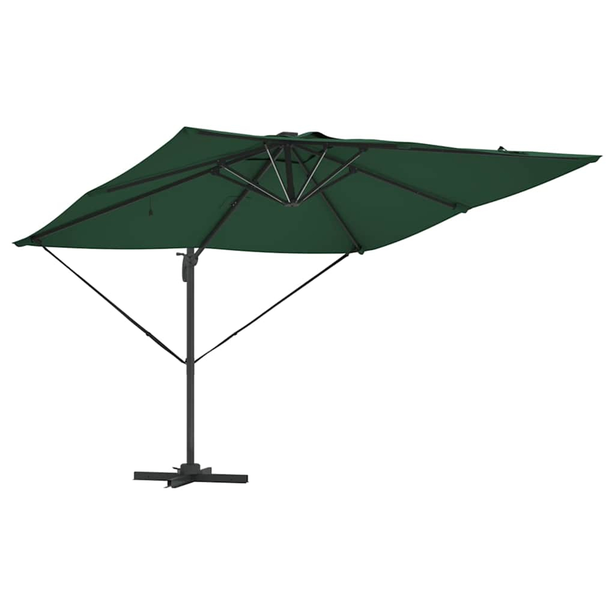 Un ombrellone da giardino verde scuro è aperto. È montato su un palo e una base neri. Lo sfondo è bianco.
